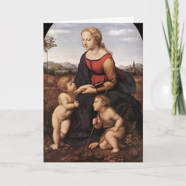 Tarjeta Festiva Virgen con Jesús y St. John por Raphael (Anverso)