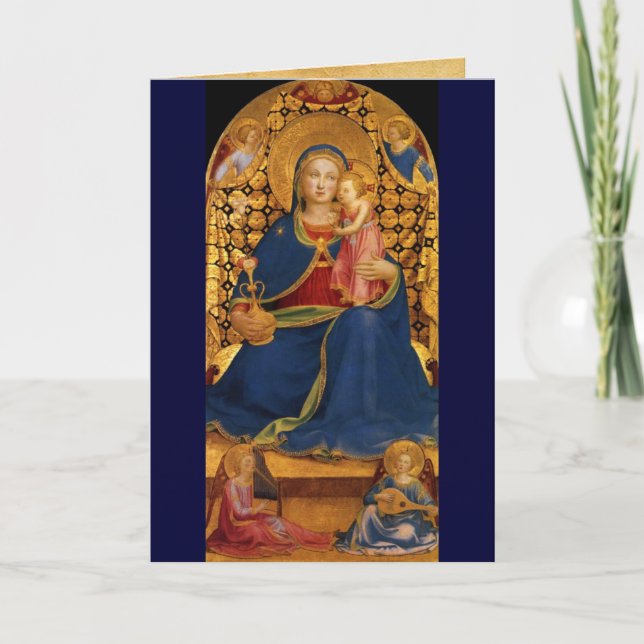 Tarjeta Festiva VIRGEN CON NIÑO Y SANTOS, Zafiro Azul (Anverso)