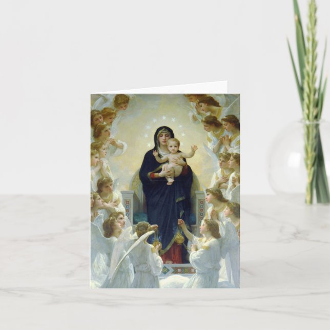 Tarjeta Festiva Virgen de Bouguereau y niño de Cristo con ángeles (Anverso)