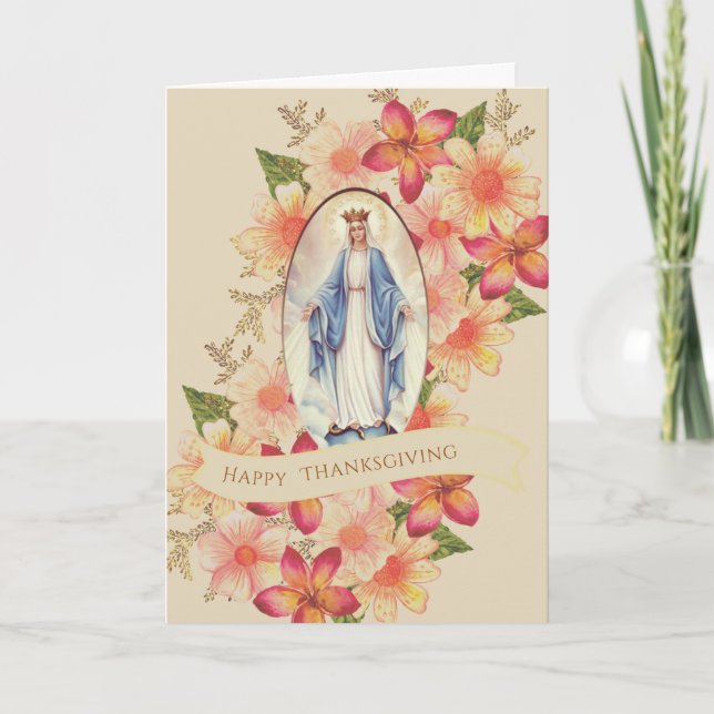 Tarjeta Festiva Virgen Floral Otoño de Acción de Gracias Católica  (Anverso)
