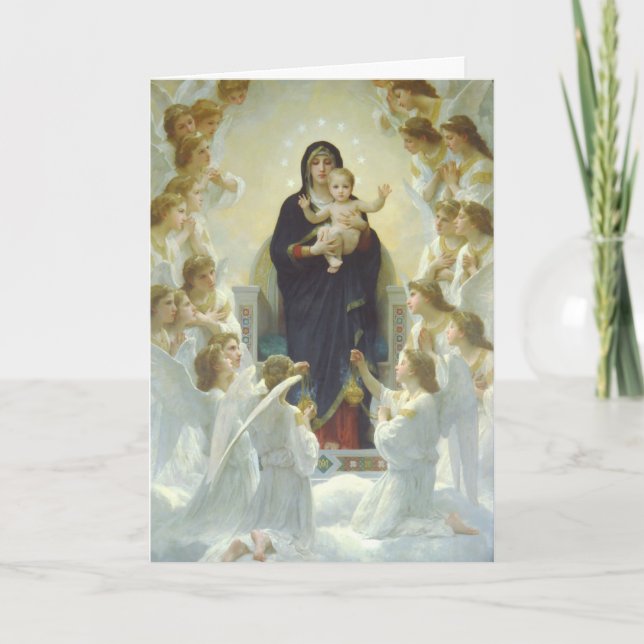Tarjeta Festiva Virgen María con el bebé Jesús y ángeles (Anverso)