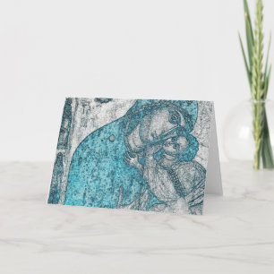Tarjeta Festiva Virgen María e Infante Jesucristo Vintage Azul