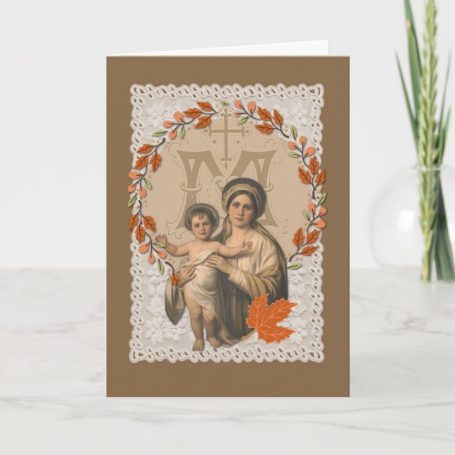 Tarjeta Festiva Virgen María Jesús Día de Acción de Gracias Católi (Anverso)