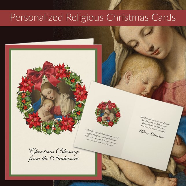 Tarjeta Festiva Virgen María Jesús Navidades Escritura Floral (Traditional Religious Vintage Christmas Cards with Madonna and Child  Easy to personalize!)