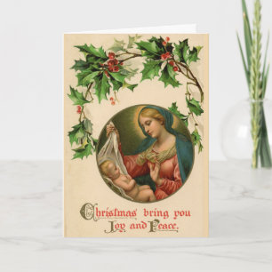 Tarjeta Festiva Virgen María Niño Jesús Hiedra Religiosa