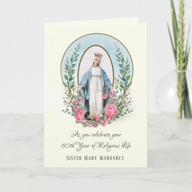 Tarjeta Festiva Virgen María Rosas Nun Vida Religiosa (Anverso)