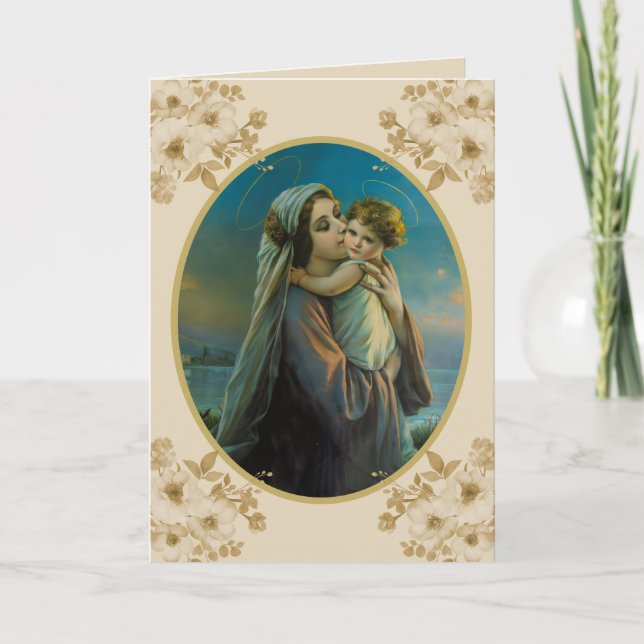 Tarjeta Festiva Virgen María y el Niño Jesús con Rosas (Anverso)