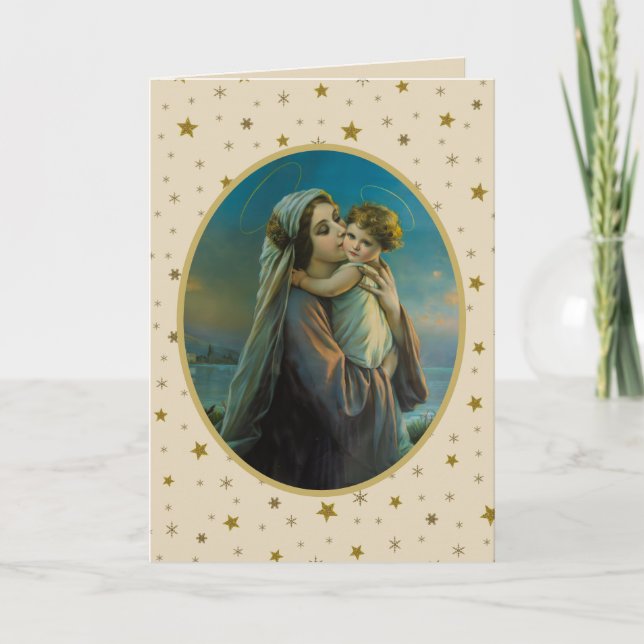 Tarjeta Festiva Virgen María y Niño Jesús sobre fondo estrellado (Anverso)