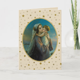 Tarjeta Festiva Virgen María y Niño Jesús sobre fondo estrellado