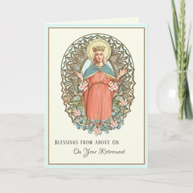 Tarjeta Festiva Virgen Religiosa María Eucalipto Jubilación de Flo (Anverso)