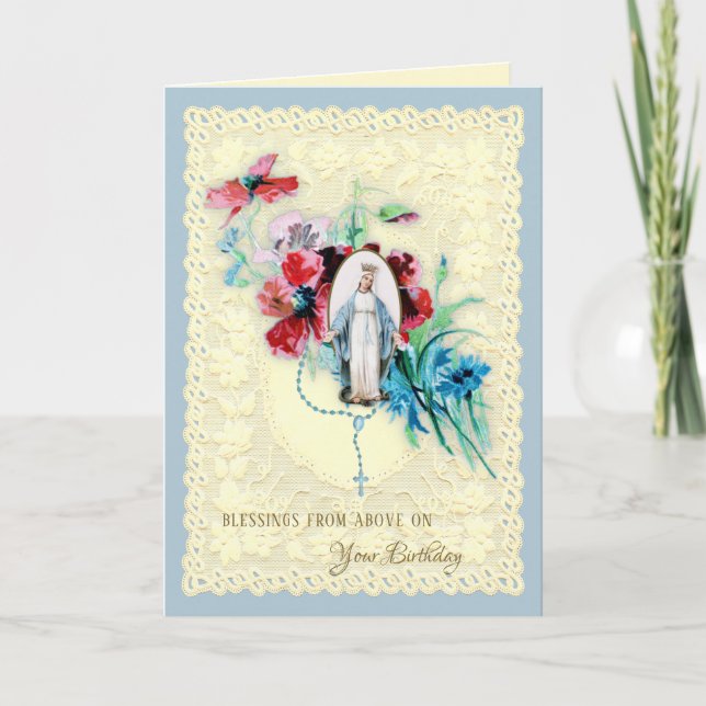 Tarjeta Festiva Virgen Religiosa María Flores Cumpleaños Católico (Anverso)