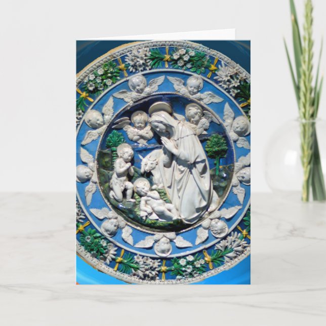 Tarjeta Festiva VIRGEN Y NIÑO CON ÁNGELES, zafiro azul redondo (Anverso)