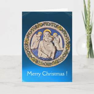 Tarjeta Festiva VIRGEN Y NIÑO CON ÁNGELES, zafiro azul redondo