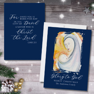 Tarjeta Festiva Virgen y Niño Gloria a Dios Versículo de la Biblia