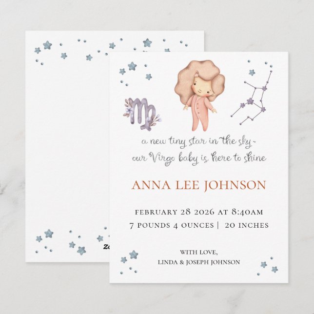Tarjeta Festiva Virgo Zodiac Birth Announcement (Anverso / Reverso)