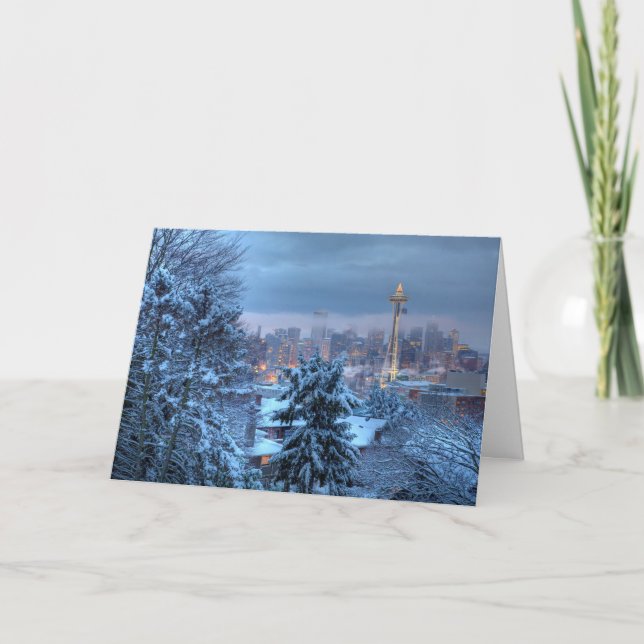 Tarjeta Festiva Vista panorámica de Snowy Seattle (Anverso)