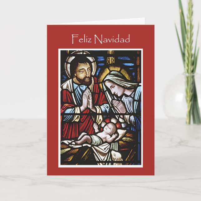 Tarjeta Festiva Vitral, familia santa roja en alemán (Anverso)