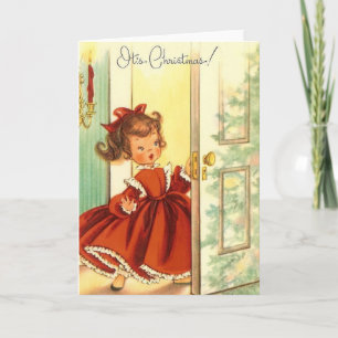 Tarjeta Festiva Vntage Pequeños Navidades Chica Con Vestido Rojo