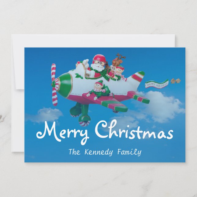 Tarjeta Festiva Volando Santa Claus con elfos en avión (Anverso)