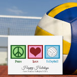 Tarjeta Festiva Volleyball Personalizable Amor Paz<br><div class="desc">Un signo de paz,  un corazón y una bonita pelota de voleibol en una tarjeta de vacaciones adorable. Me encanta el voleibol,  playa,  pista cubierta,  ¡lo que sea! Lindas tarjetas de Navidad para equipo de voleibol con tus compañeros de equipo o entrenador.</div>