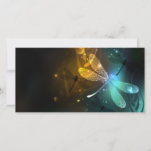 Tarjeta Festiva Vuelo de libélula luminosa verde (Anverso)