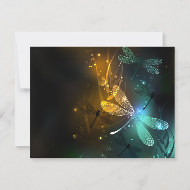 Tarjeta Festiva Vuelo de libélula luminosa verde (Anverso)