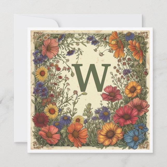 Tarjeta Festiva "W" Verdigris Green: Bloom y Monograma (Anverso)