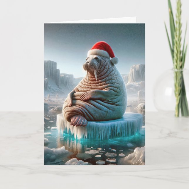 Tarjeta Festiva Walrus usando un Sombrero de Santa (Anverso)