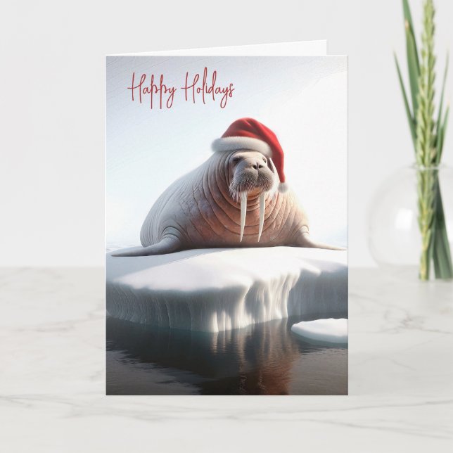 Tarjeta Festiva Walrus usando un Sombrero de Santa (Anverso)