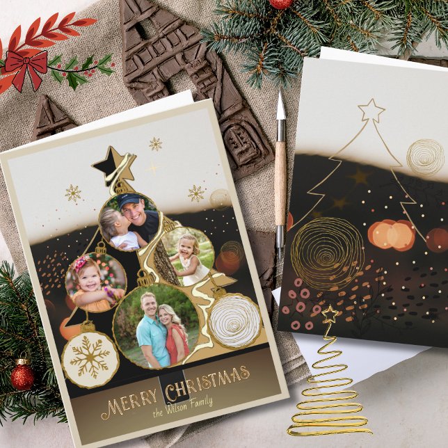 Tarjeta Festiva Warm Bokeh Black & Gold 4-Photo Christmas Tree  (Warm Bokeh Black & Gold 4-Photo Christmas Tree Holiday Card)