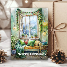 Tarjeta Festiva Warm festive scene card vintage holiday watercolor