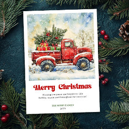 Tarjeta Festiva Warm Rustic Red Truck Christmas Scene Festive Card
