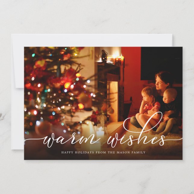 Tarjeta Festiva Warm Warm White Script Photo Holiday Card (Anverso)
