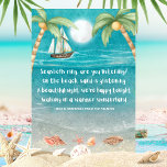 Tarjeta Festiva Warmer Wonderland Tropical Beach Christmas<br><div class="desc">Tropical theme Christmas card features a moonlight beach with seashells and glistening sand, palm trees, and a ship sailing in the sea. The lyrics are to the tune of "Winter Wonderland" but with a tropical twist that says: "Seashells ring, are you listening? -- On the beach, sand is glistening --...</div>