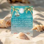 Tarjeta Festiva Warmer Wonderland Tropical Beach Christmas<br><div class="desc">Tropical theme Christmas card features a moonlight beach with seashells and glistening sand, palm trees, and a ship sailing in the sea. The lyrics are to the tune of "Winter Wonderland" but with a tropical twist that says: "Seashells ring, are you listening? -- On the beach, sand is glistening --...</div>