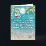 Tarjeta Festiva Warmer Wonderland Tropical Beach Navidades<br><div class="desc">La tarjeta de Navidades tropicales incluye una playa con luz solar, conchas y arena brillante, palmeras y un barco que navega por el mar. Las letras son de la melodía de "Winter Wonderland" pero con un giro tropical que dice: "Sonido de casetas, ¿estás escuchando? — En la playa, la arena...</div>
