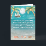 Tarjeta Festiva Warmer Wonderland Tropical Beach Navidades<br><div class="desc">La tarjeta de Navidades tropicales incluye una playa con luz solar, conchas y arena brillante, palmeras y un barco que navega por el mar. Las letras son de la melodía de "Winter Wonderland" pero con un giro tropical que dice: "Sonido de casetas, ¿estás escuchando? — En la playa, la arena...</div>