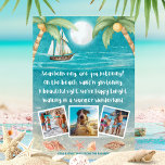 Tarjeta Festiva Warmer Wonderland Tropical Beach Photo Navidades<br><div class="desc">La tarjeta de Navidades de fotografía de temática tropical cuenta con una playa de luz solar con conchas y arena brillante, palmeras y un barco que navega por el mar. Las letras son de la melodía de "Winter Wonderland" pero con un giro tropical que dice: "Sonido de casetas, ¿estás escuchando?...</div>