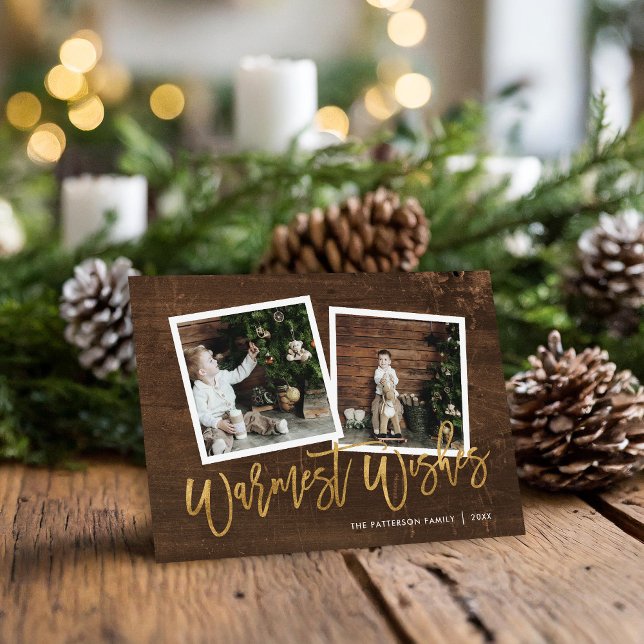Tarjeta Festiva Warmest Wiers Rustic Gold Script Foto (Subido por el creador)