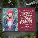 Tarjeta Festiva Warmest Wishes This Christmas Cute Family Photo<br><div class="desc">Envíe hermosos saludos de vacaciones con esta Hermosa tarjeta de Navidad a sus familiares o amigos, Este lindo diseño con Foto con marco Vertical con un fondo Rojo obscuro agua y la frase "Warmest Wishes this Christmas" con una foto que se puede personalizar con la tuya! La parte posterior de...</div>