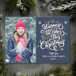 Tarjeta Festiva Warmest Wishes This Christmas Cute Family Photo<br><div class="desc">Envíe hermosos saludos de vacaciones con esta Hermosa tarjeta de Navidad a sus familiares o amigos, Este lindo diseño con Foto con marco Vertical con un fondo Azul marino y la frase "Warmest Wishes this Christmas" con una foto que se puede personalizar con la tuya! La parte posterior de la...</div>