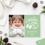 Tarjeta Festiva Warmest Wishes Vintage Mint Green Photo<br><div class="desc">Classic Christmas photo card greeting features "Warmest wishes this Xmas" white script text design with a pair of cozy winter mittens and accent pattern of stars and snowflakes.  Personalize with your photo and custom text.  Green background color can be customized.</div>
