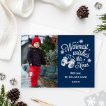 Tarjeta Festiva Warmest Wishes Vintage Navy Christmas Photo<br><div class="desc">Vintage style Christmas photo card greeting features a "Warmest wishes this Xmas" white script text design with a pair of cozy winter mittens and winter pattern of stars and snowflakes.  Personalize with your photo and custom text.  Midnight / navy blue,  white,  and light gray color scheme.</div>