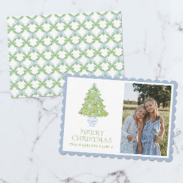 Tarjeta Festiva Watercolor Azul Chinoiserie Fotografía de árbol de