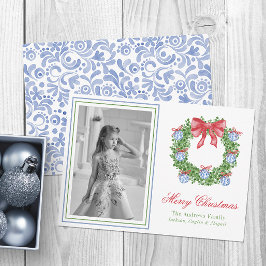 Tarjeta Festiva Watercolor Azul Chinoiserie Ornament Wreath Photo