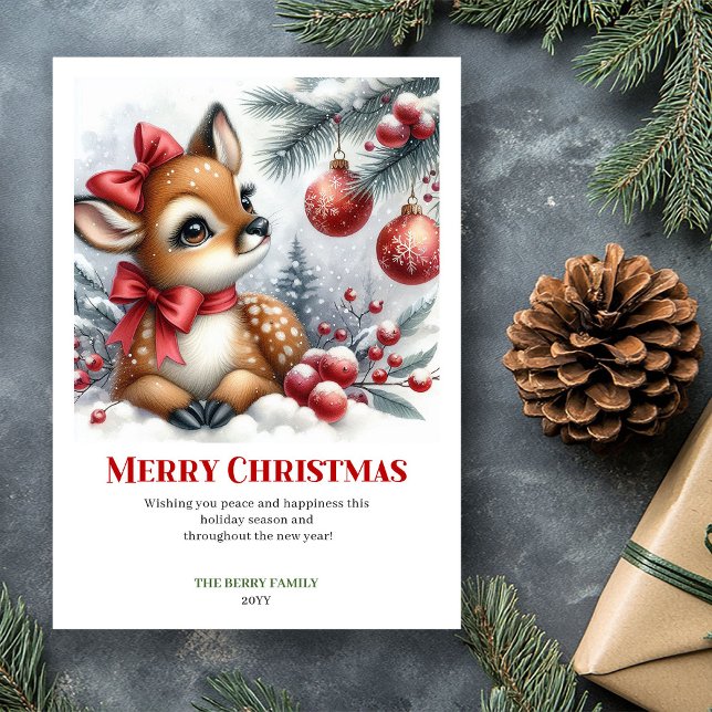 Tarjeta Festiva Watercolor Baby Deer Winter Scene Cozy Christmas  (Watercolor Baby Deer Winter Scene Cozy Christmas Greeting

)