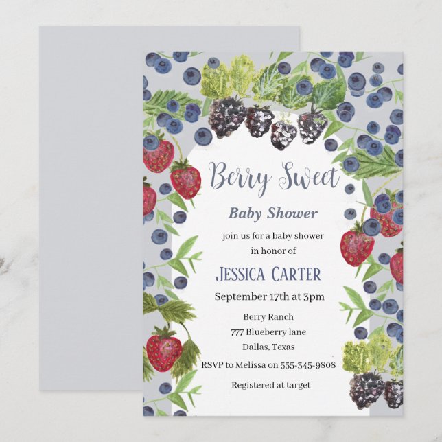 Tarjeta Festiva Watercolor Berries Blueberry Boy Baby shower  (Anverso / Reverso)
