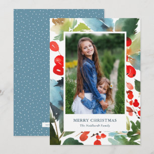 Tarjeta Festiva Watercolor Berries Navidades Floral Red Photo