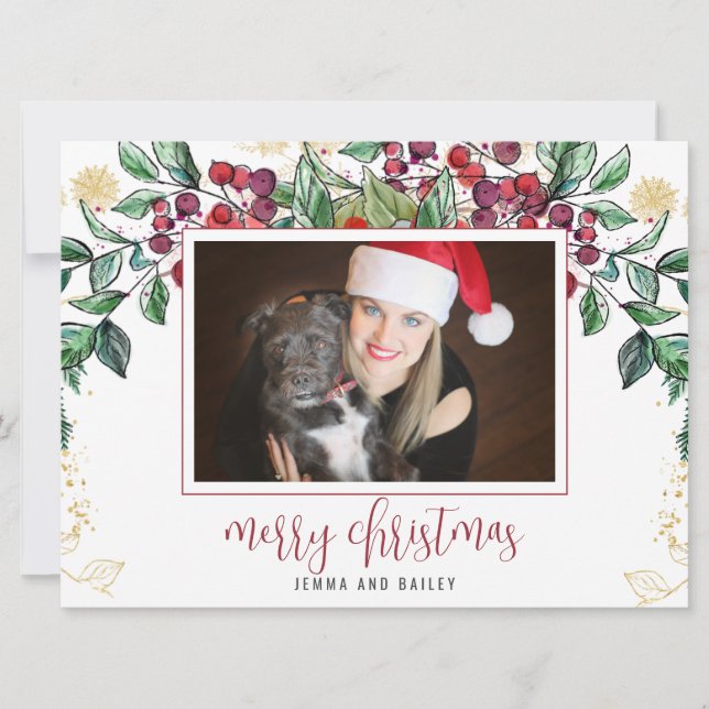 Tarjeta Festiva Watercolor Berry Evergreen (Anverso)