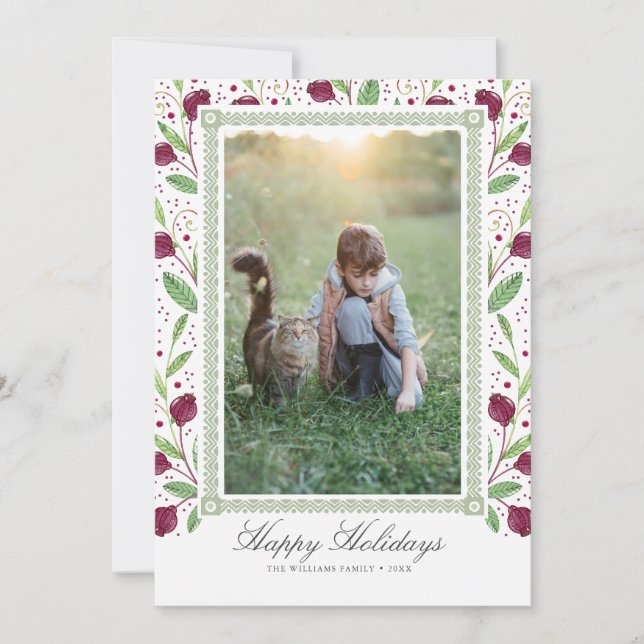 Tarjeta Festiva Watercolor Berry Frame Happy Holidays Photo (Anverso)